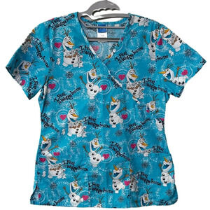 DISNEY Frozen Olaf Crossover Winter Scrubs Faux Wrap Top Holiday Blue EUC Small